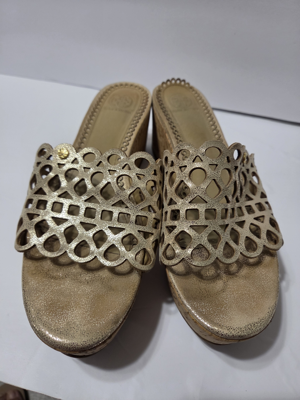 Tory BURSH Gold Laser-Cut Slide Sandals - Women SIZE 10
